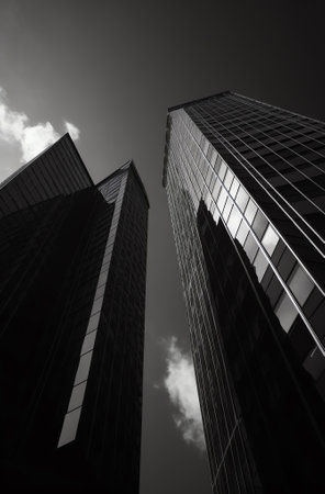 Generative AI : Black and white abstract low angle view of modern glass buildings with beautiful reflections in downtown financial district on clear sky background City skyscrapersの素材