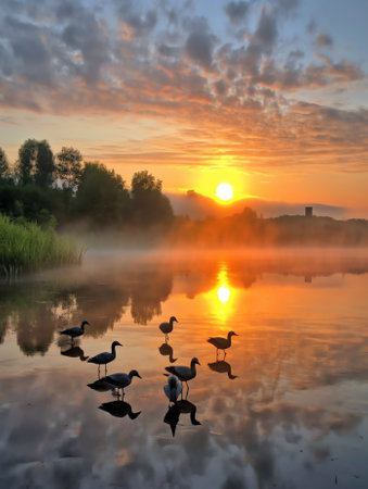 Generative AI : Beautiful morning with rising sun on lakeの素材