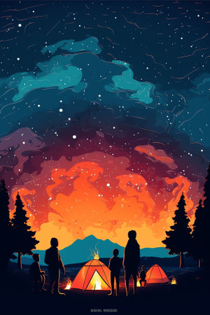 Generative AI : Camping fire under the amazing blue starry sky with a lot of shining stars and clouds Travel recreational outdoor activity conceptの素材