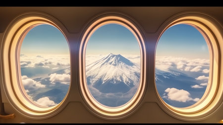 Generative AI : Airplane window Mountain and clouds viewの素材