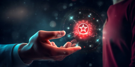 Generative AI : 5 star rating conceptA man clicks on a hologram of a star on a background of outer spaceの素材