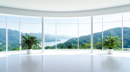 Generative AI : Empty square floor and green mountain sceneryの素材