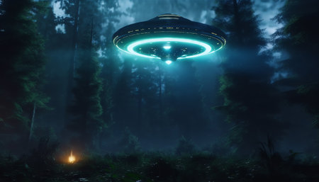 Generative AI : Alien spacecraft is hovering over the treesの素材