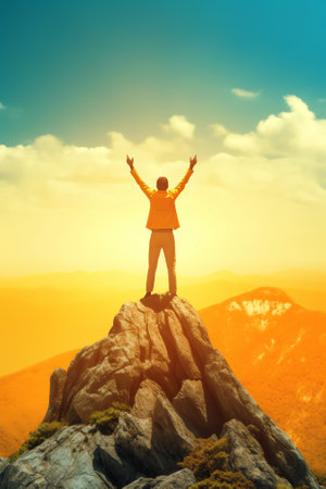 Generative AI : Copy space of man hand raising on top of mountain and sunset sky abstract background Freedom travel adventure and business victory concept Vintage tone filter effecの素材