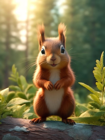 Generative AI : Funny red squirrell standing in the forest like Master of the Universe Comic animalの素材