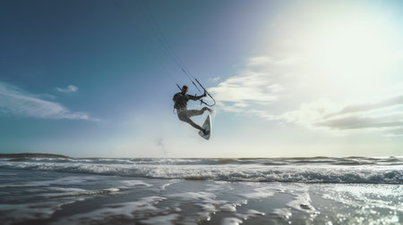 Generative AI : Kite surfing on beach shore learning concept Wind power extreme sports retro style background with copy space People on beach kite boarding against blue sky with suの素材