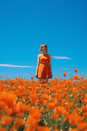 Generative AI : Female hands hold a red poppy flower against the background of a red field of poppies beautiful fluffy blue sky Copy space close up macro flowerの素材