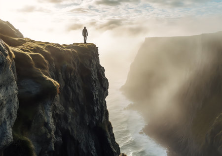 Generative AI : Man standing in front of a cliff and thinking how to jump to the other sideの素材