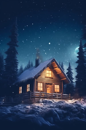Generative AI : Fantastic winter landscape with wooden house with light in window in snowy mountains and northen light in night sky Christmas holiday and winter vacations conceptの素材