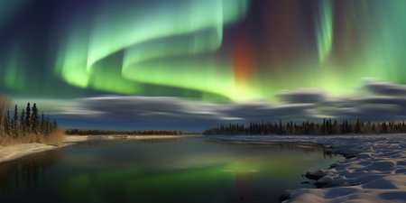 Generative AI : HDRI Ice terrain with Aurora Borealis on the sky 10 Panoramaの素材
