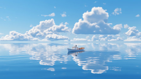 Generative AI : Majestic huge white thick clouds float across the clear blue daytime sky above the horizon with the shallow azure calm Adriatic Sea in the light of the bright summeの素材