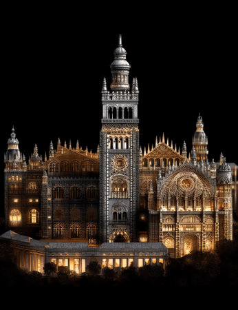 Generative AI : From below of illuminated Giralda tower of historic cathedral on background of night sky in Sevilleの素材