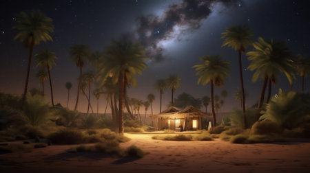 Generative AI : Night shot with palm trees and milky way in background tropical warm nightの素材