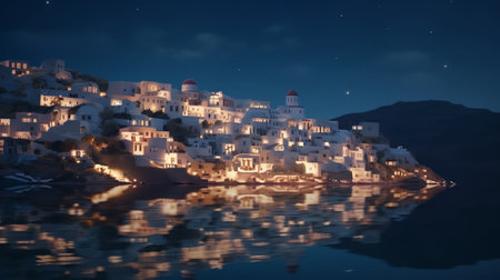Generative AI : Night time long exposure landscape photography Famous travel land vacation destination scene of Oia Santorini Greece night cityscape Amazing sunset landscape with mの素材
