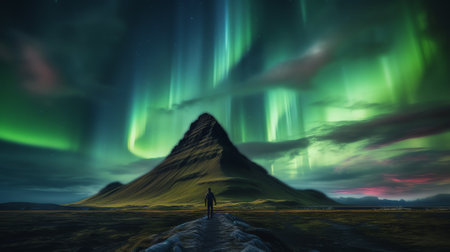 Generative AI : Northern lights over distant mountains in Icelandの素材