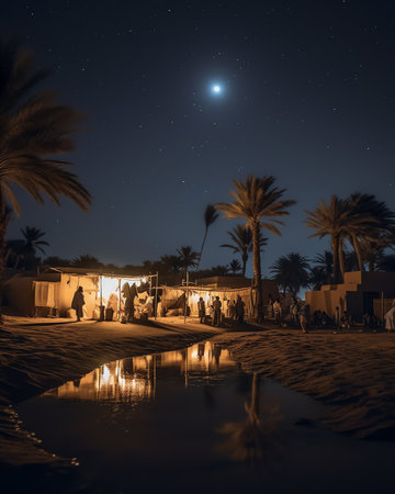 Generative AI : Morocco Sahara desert starry night sky over the oasis Traveling to Morocco Glow over the palm trees of the oasis Billions of stars in the night sky milky way Panoraの素材