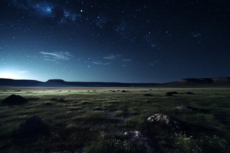 Generative AI : Night landscape with the Milky Way above old mountains of Dobrogea Romaniaの素材