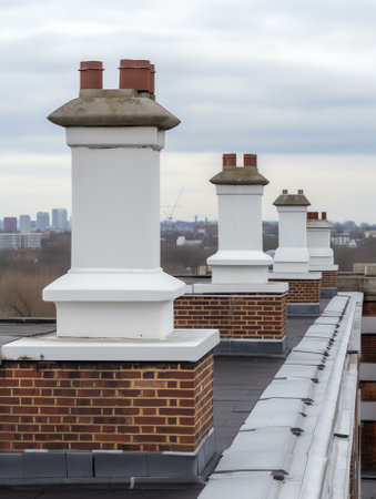 Generative AI : Metal rooftop chimney vent for fireplace or industrial purposes on side of building with blue copy space sky background In afternoon sun in urban or suburban area oの素材