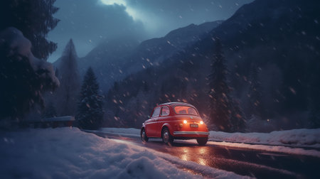 Generative AI : Snowy mountains and blurred car headlights on the winding road at night in winter Beautiful landscape with snow covered rocks house mountain roadway blue starry skyの素材