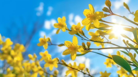Generative AI : Spring background with yellow bloom blossoming under the blue skyの素材