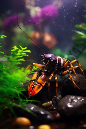 Generative AI : Red galaxy shrimp stay on leafs of aquatic plants in fresh water aquarium tank with dark background and copy spaceの素材