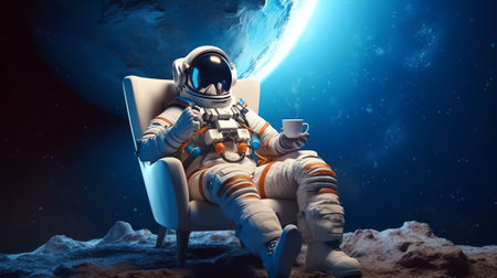 Generative AI : Spaceman sits and looks at the blue planet earth with night lights of cities from space Astronaut feet on the background of the earth at blue sunset Cosmos wallpapeの素材