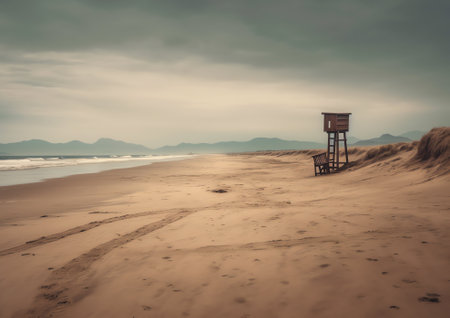 Generative AI : Wide empty sand beach and beautiful cloudy sky Tranquil scenic landscape copy spaceの素材