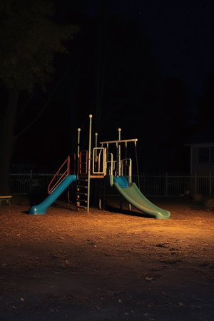 Generative AI : Swing installed on playground against scenic view of dark mounts under starry sky at duskの素材