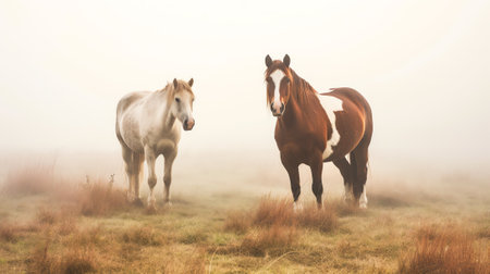Generative AI : Horses group and field in mist farm and nature for grazing eating and freedom together in morning Horse farming sustainable ranch or landscape by space sky backgrouの素材