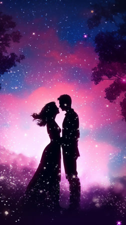 Generative AI : Silhouette Couple cycling on Panorama blue night sky milky way and star on dark backgroundUniverse filled with stars nebula and galaxy with noise and grainの素材