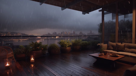 Generative AI : The view from the balcony to see the city and the dark sky in the night time and with some part of clouds after the rain stopsの素材