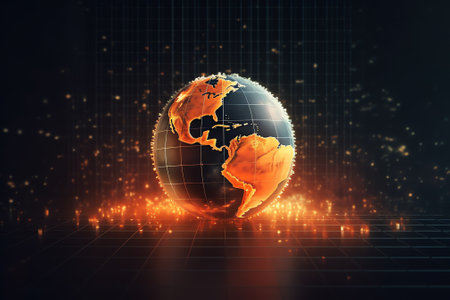 Generative AI : motion graph planet Earth with halo rotates against Milky Way orange Sun in dark space goes below horizon 3d animation Science and technology concept Elements of thの素材