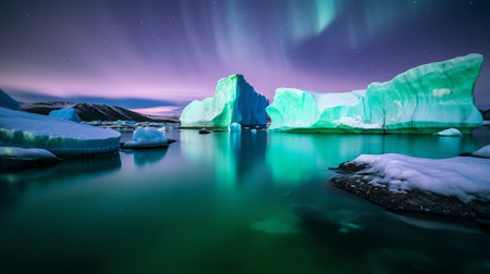 Generative AI : iceberg floating in greenland fjord at night with green northern lightsの素材