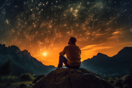 Generative AI : Man sitting in quiet contemplation under Milky Way galaxy starry skyの素材