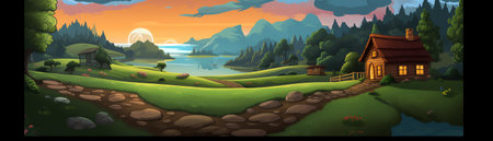 Generative AI : panorama of countryside landscape at night grassy pasture meadows and forested hills in autumn mountain ridge in the distance village in the valley clouds on the skの素材