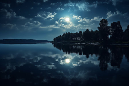 Generative AI : This dramatic moon rise in a deep blue night time sky is accented by highlighted clouds and beautiful calm lake reflectionの素材