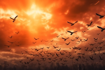 Generative AI : Sun shining and birds silhouettes flying sunset sky go homeの素材