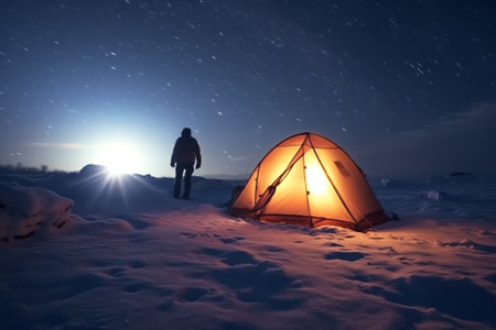 Generative AI : Woman looking at the night sky while camping in the snow covered mountains in Swedish Lapland Nalloの素材