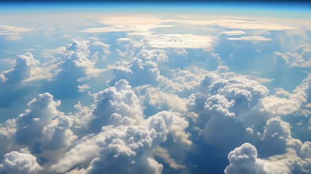 Generative AI : beautiful blue sky with white clouds heaven horizon over planet earth world view from the airplane or satellite atmosphere or stratosphere space layer astronomy andの素材