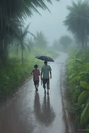 Generative AI : landscape in rainy weather a group of people far awayの素材
