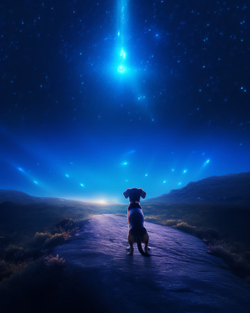 Generative AI : dog watching the clear sky at nightの素材