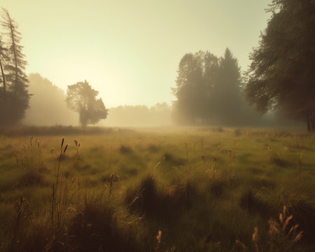 Generative AI : Morning fog in sunny meadowの素材