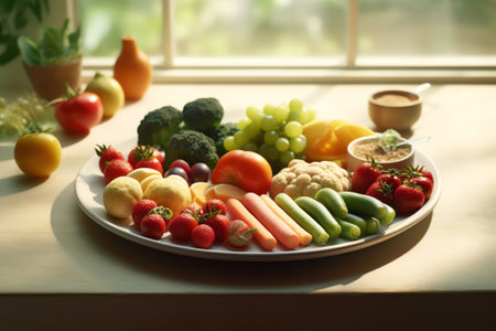 Generative AI : a plate with a variety of fruits and vegetables on itの素材