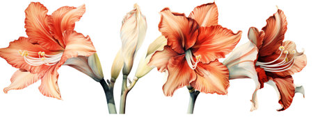 Generative AI : Blooming creamy and red hippeastrum amaryllis Sweet Star Galaxy Group on white backgrounds isolatedの素材
