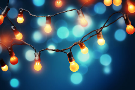 Generative AI : Festoon string lights decoration at the party event festival against sunset sky light bulbs on string wire with copy space Outdoor holiday backgroundの素材