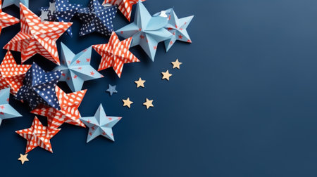 Generative AI : Decorative stars on a dark blue background Concept of the night sky Can be used as wallpaper or background Flat lay top viewの素材