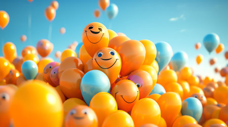 Generative AI : Orange balloons rising to the sky balloons released against blue skyの素材