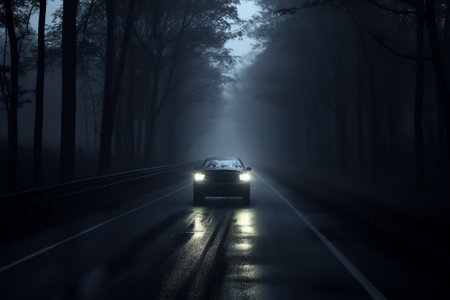 Generative AI : A car rides along a asphalt road in the forest The lights from the headlights are on Landscape with the sky in the background of the nightの素材
