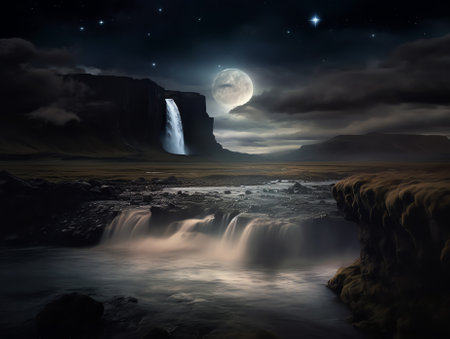 Generative AI : Stunning Dettifoss waterfall and milky way in Iceland at nightの素材