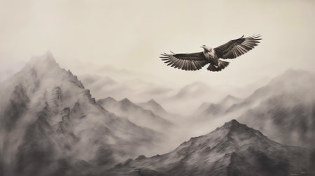 Generative AI : Scenery of dark valley in haze with mountains and hills above lake and dark bird flying in air puerto de la puebla sierra norteの素材